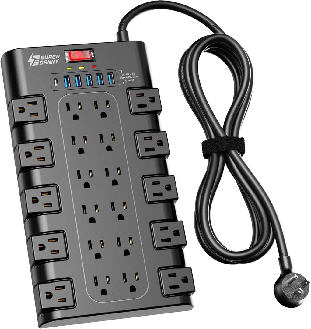 Power Strip, SUPERDANNY Surge Protector with 22 AC Outlets and 6 USB Charging Ports, 1875W/15A, 2100 Joules, 6.5Ft Flat Plug Heavy Duty Extension Cord for Home, Office, Dorm, Gaming Room, Black (6.5 ft)