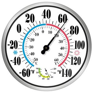 12'' Indoor Outdoor Thermometer Hygrometer - Premium Steel Outdoor Thermometer Large Numbers, Hanging Wall Thermometer Hygrometer for Home, Garden, Patio (No Battery Required)