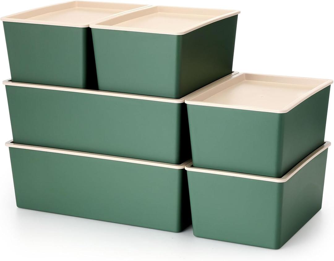 Menkxi 6 Pcs Plastic Storage Bins with Lids Stackable Storage Containers Durable Box Baskets for Organizing Shelves Playroom Classroom Office (Green,Large and Small)