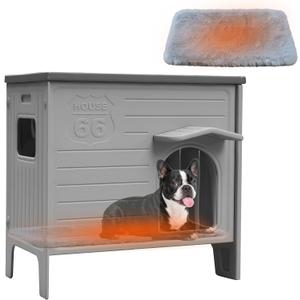 Waterproof Dog House for Outdoor Indoor,Durable Plastic Dog House with Warm Mat Side Window Elevated Floor, Easy to Assemble Easy to Clean((26.7" L x 26.7" W x 21.4" H) - Grey
