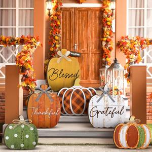 Set of 6 Farmhouse Outdoor Thanksgiving Fall Decoration for Home Pumpkin Thanksgiving Fall Porch Signs Decoration Standing Thankful Grateful Blessed Welcome Sign for Front Porch Garden Party(Novel)
