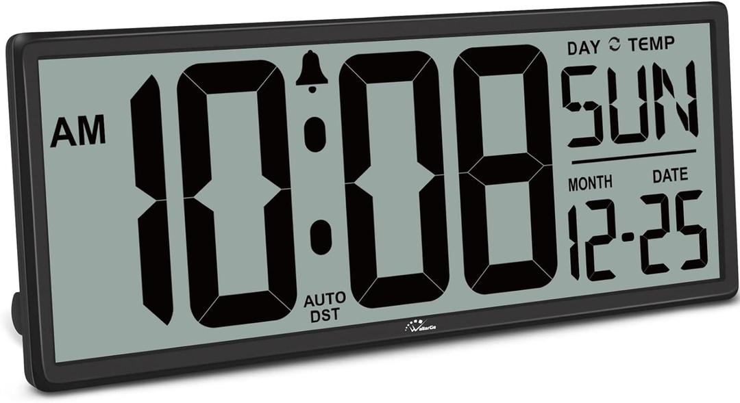 WallarGe 14.5'' Large Digital Wall Clock Battery Operated with Jumbo Numbers, Temperature and Date - Easy to Read and Set, Auto DST
