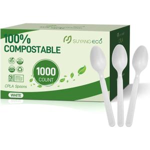 [1000 Count] Compostable Spoons Disposable Spoon Bulk Biodegradable Silverware Bulk Compostable No Plastic Utensils Heavy Duty Disposable Silverware Heat Resistant Cutlery for Party Daily Serving