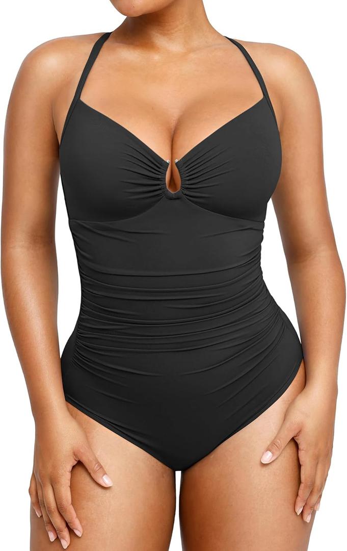 SHAPELLX Womens Swimsuits Tummy Control Bathing Suit Slimming One Piece U-Ring Shapewear Swimwear with Ruched Waist (Black, M)