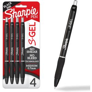 Sharpie S-Gel Pens, Medium Point (0.7mm), Black Ink, 4 Count - Ideal for Writing, Journaling, Drawing, Coloring, Note-Taking, College Supplies