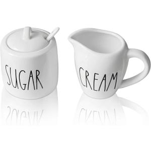 Sugar and Creamer Set, Cream Container and Sugar Holder Set for Coffee Bar, Farmhouse Sugar Bowl with Lid and Spoon, Ceramic Sugar Dispenser and Creamer Pitcher Set for Countertop (White)