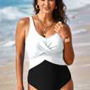 Pink Queen Women's Sexy One Piece Swimsuit Tummy Control V Neck Bathing Suits Colorblock Swimwear White and Black Small (S)
