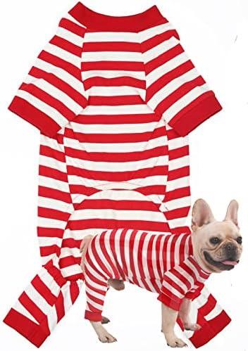 Dog Christmas Pajamas for Large Dogs, Cotton Thermal Dog Pjs Jumpsuit with Cover Legs Christmas Puppy Clothes, Striped Onesie Suit for Dogs, SY01-Redwhite-XS