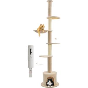 Made4Pets Floor to Ceiling Cat Tree 93-106'',Tall Cat Tower 5 Tiers, Adjustable Height, Stable Cat Tree Tower with Scratching Posts, Fluffy Condo, Hammock and Ball Toy for Indoor Cats/Kitten, Beige