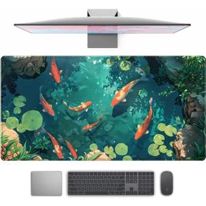 Koi Fish Desk Mat Gaming Koi Pond Desk Pad Large Cute Mouse Pad, Goldfish Mouse Mat XXL Laptop Keyboard Pad, Blue Waters Gamer Mouse Pad Full Mousepads Cool Office Accessories 31.5"x15.7"
