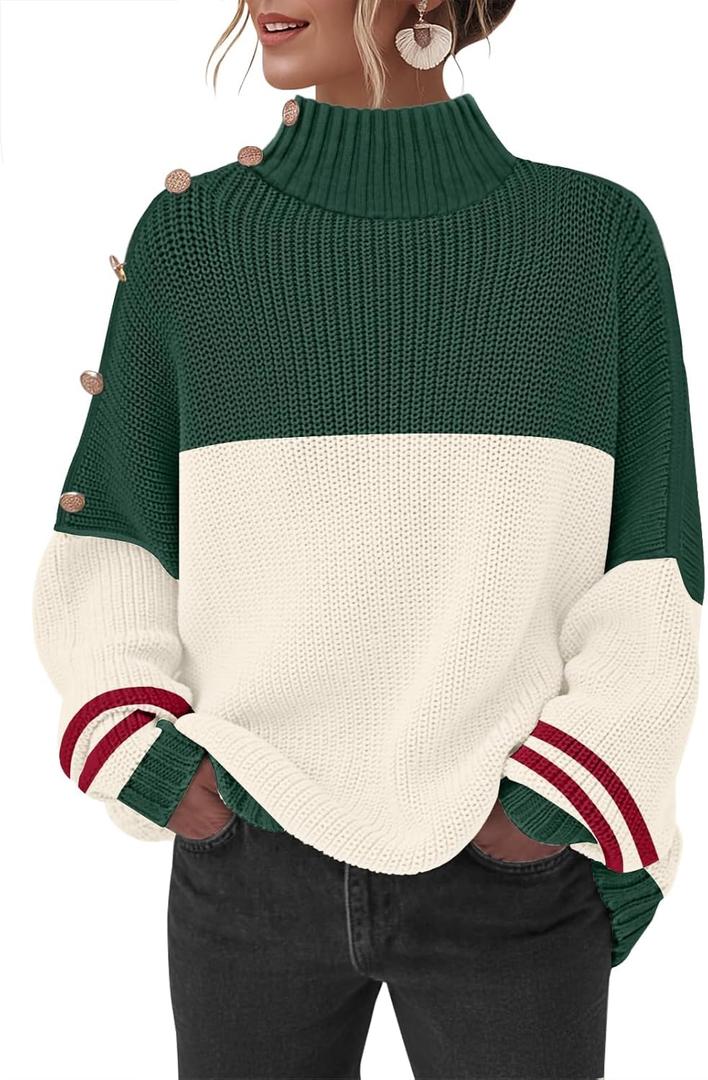 Sweater for Women Winter Turtleneck Long Sleeve Pullover Tops Casual Oversized Knitted Sweaters (Large, 222#coblockgreen)