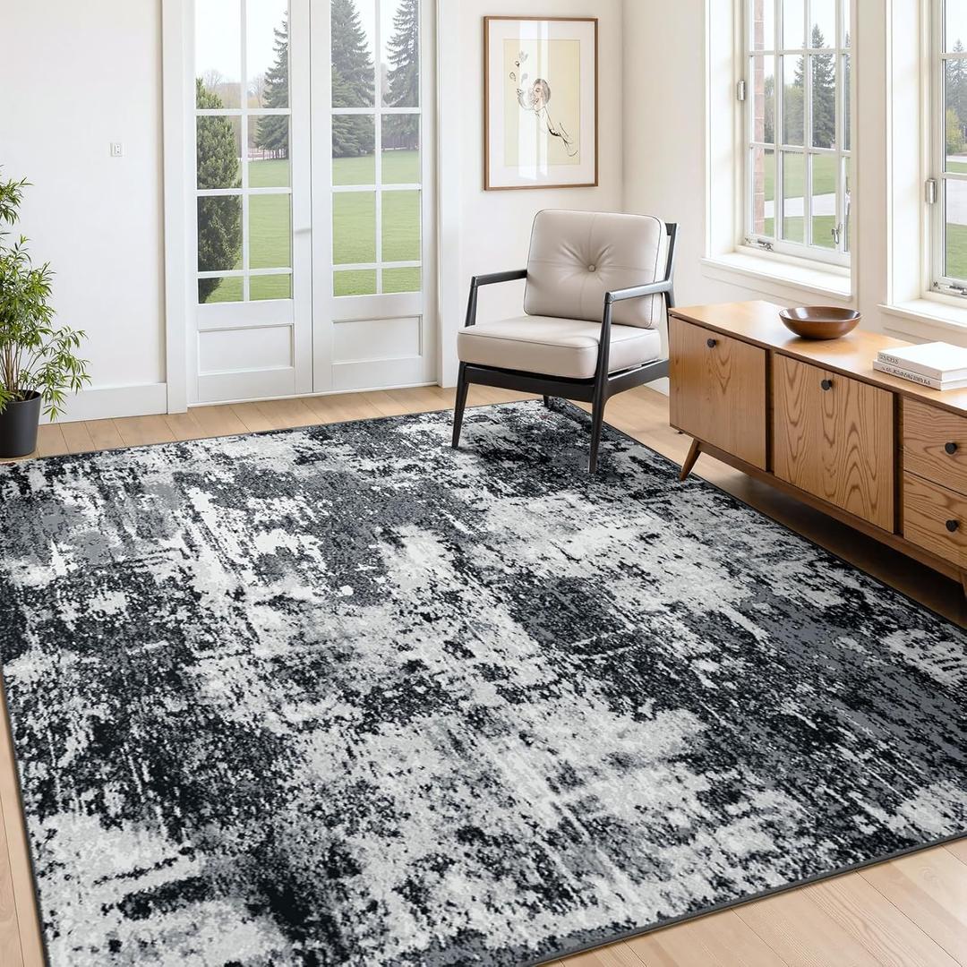 Washable Area Rugs 4'x6' Non-Slip Modern Abstract Soft for Living Room Entryway Bedroom Nursery, Print Pattern, Black Gray