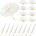 MOTOTO 8 Pack 33 Inch White Paper Umbrellas & 8 Pack 8inch Foldable Handheld Fans, Oiled Chinese Japanese White Parasols Umbrellas Paper Fans for DIY Painting, Wedding, Bridal Party, Ceiling Decor