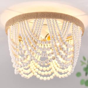 Capslpad Wood Beaded Flush Mount Ceiling Light Antique Rustic Mini Chandelier 3-Light White Boho Light Fixture for Dining Room,Nursery Room,Bedroom,Girl Room,Hallway,Entryway,Passway