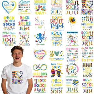 Dazoratix DTF Transfers Ready to Press - 30 Sheets World Down Syndrome Day Awareness Heat Patches Bulk Blue Yellow Ribbon Socks Stickers Vinyl for T Shirts Clothes Pillow Bag Hat DIY Crafts Decoration