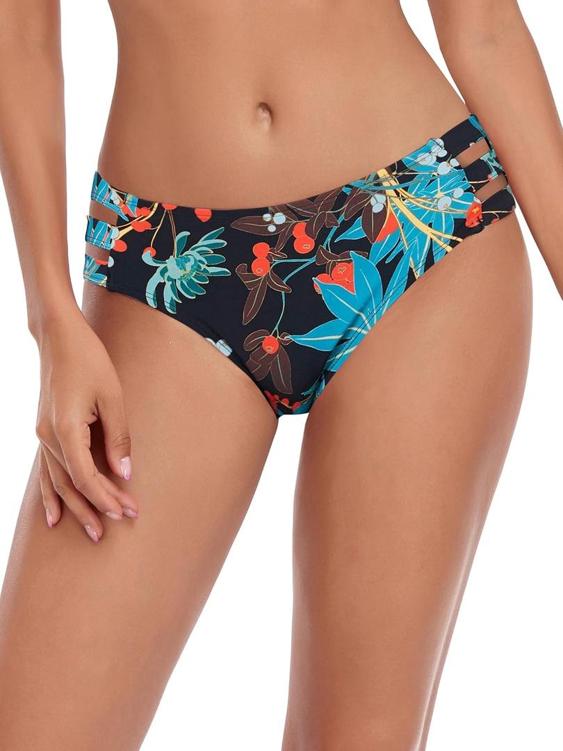 Ocean Blues Women's Strappy Bikini Bottom Full Coverage Swim Briefs Large, Leaf Pattern