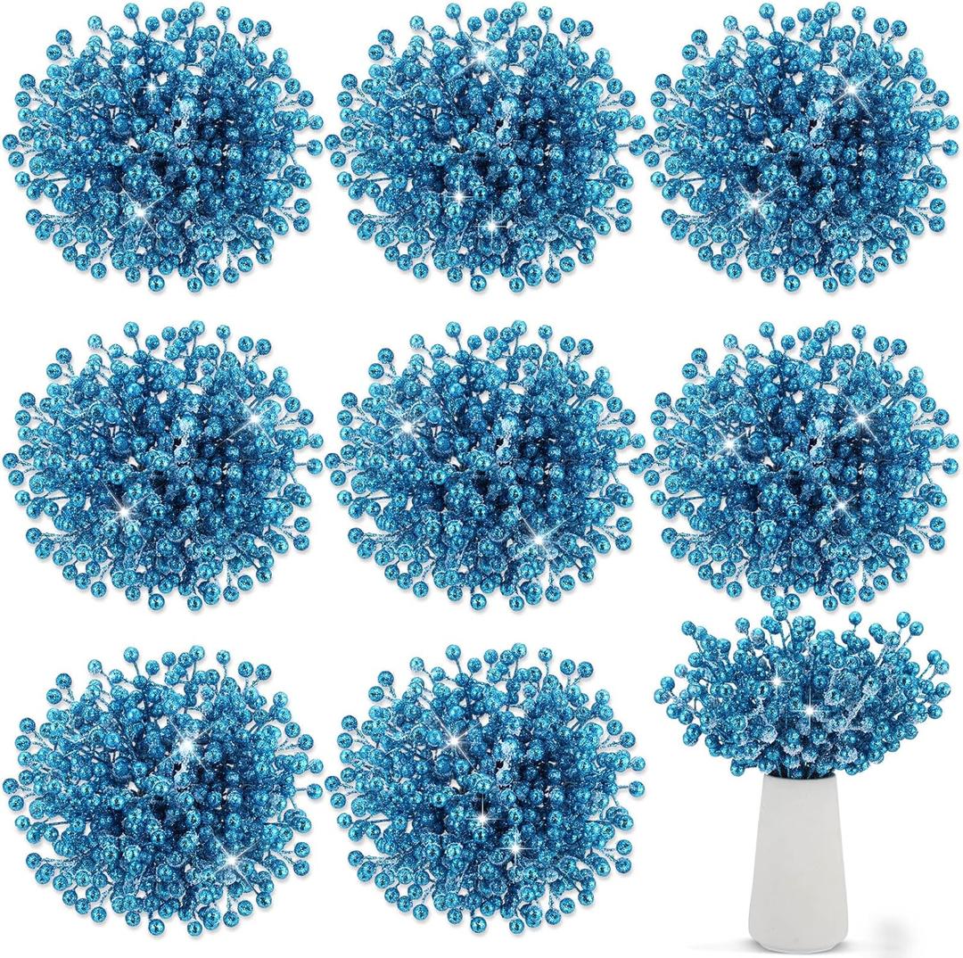 Censen 50 Pieces Artificial Holly Berry Stem Picks with Snowflake Frosted Christmas Tree Branches Fillers Ornaments Snowy Berry Twig Branches for Xmas Garland Wreath Winter Home Decor (Lake Blue)