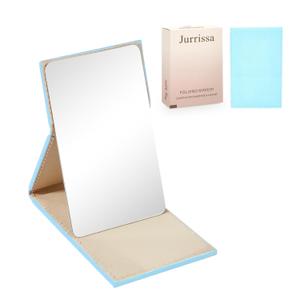 Compact Folding Mirror, 3.9" Stainless Steel Travel Mirror with PU Leather Case Cover for Makeup, Small Handheld Mirror for Pocket Purse, Mini Foldable Mirrors with Stand(Blue)
