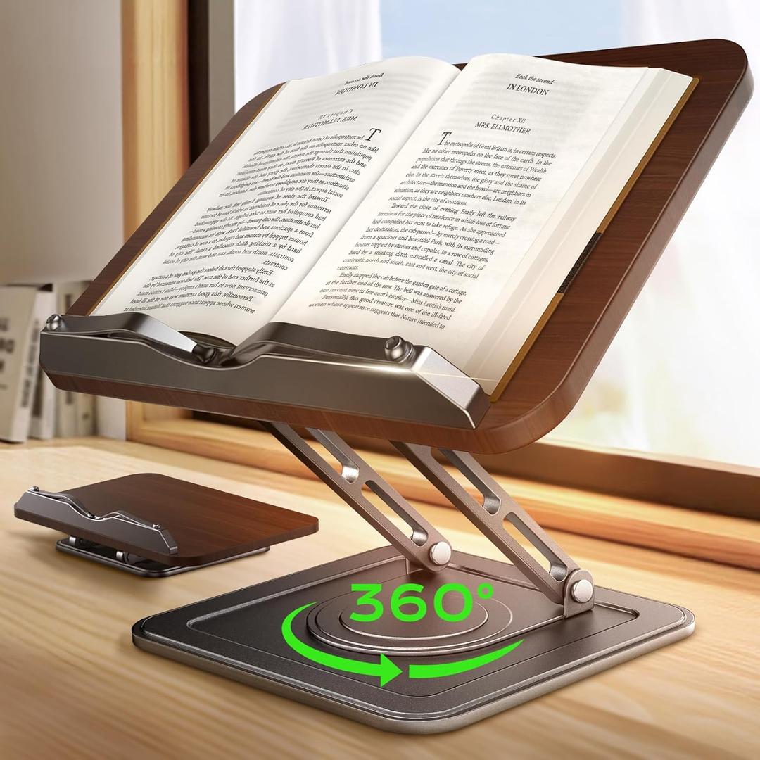 Book Stand for Reading, Adjustable Book Holder with 360Rotating Bases, Ergonomic Cookbook Stand Recipe Book Holder with Elastic Page Clips for Magazines, Tablets, Laptops,Black