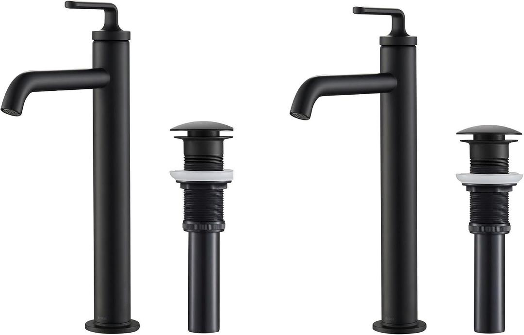 KRAUS Ramus Single Handle Vessel Sink Bathroom Faucet with Pop-Up Drain in Matte Black, KVF-1220MB-2PK