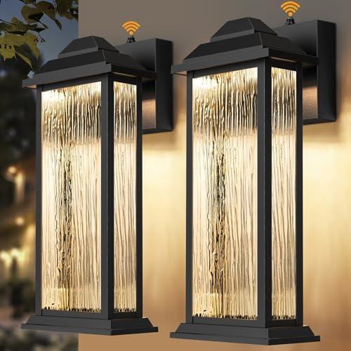APOTO 14" Dusk to Dawn LED Outdoor Light Fixture,Black Exterior Wall Light Fixture Wall Mount, Waterproof Porch Lights with Water Glass Outside Lights Sconce for Front Door Garage Doorway,2-Pack