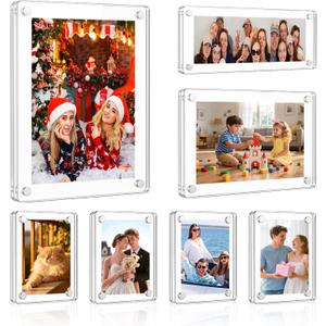Multi Size 7 Pack Acrylic Magnetic Picture Frames for Refrigerator | Clear Double-Sided Acrylic Fridge Frame with 2.36x3.54, 2x6, 4x6, 5x7 inch size for Kitchen, Office and Gifts