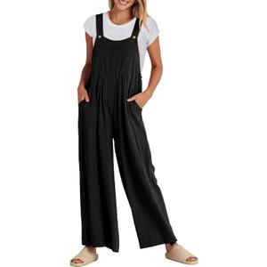 ANRABESS Womens Jumpsuits Overalls Linen Wide Leg Jumpers Casual Summer Fall Outfits 2026 Beach Vacation Clothes with Pockets (Black, XXL)