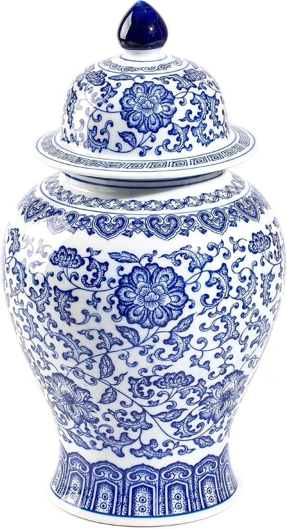 Blue and White Ginger Jars for Home Dcor, Chinoiserie Porcelain, Ginger Jar Vase Decor, Good Ideal for Room,Office Decoration,15" H