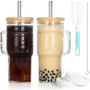 JunVpic Glass Cups with Bamboo Lids and Straws, 24oz Glass Tumbler with Handle, Stainless Steel Straws & Cleaning Brushes Boho Pattern Iced Coffee Cup for Smoothies, Tea, and Gifts, Set of 2