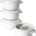 LE TAUCI Soup Bowls With Handles 28 oz and Silicone Lids, French Onion Soup Bowl for Chili, Beef Stew, Cereal, Ceramic Soup Crocks oven Safe, Microwave Dishwasher Safe - 5.5 inch, Set of 4, White