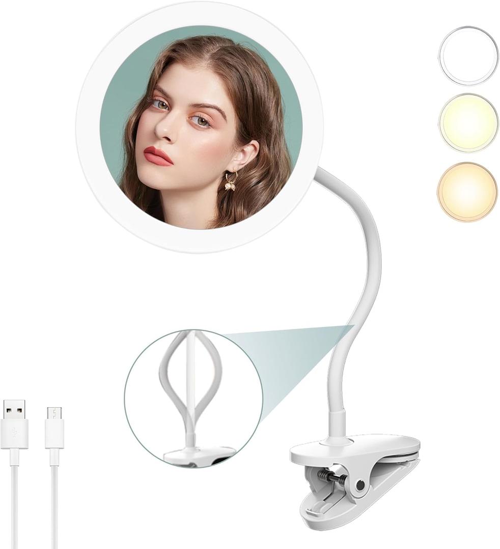 10X Magnifying Clip on Makeup Mirror Gooseneck, 6.5" Vanity Mirror with Light, 2000mAh USB Recharge 360° Rotating,Clip On Gooseneck Magnifying Vanity Mirror with Light,Travel Makeup Mirror (White 10X)