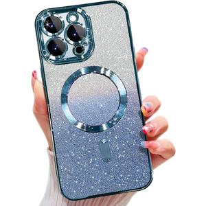 Misscase for iPhone 16 Pro Magnetic Glitter Case Compatible with MagSafe,Camera Lens Protector Full Protection Elegant Anti-Scratch Dust-Proof Net Case Cover for iPhone 16 Pro Blue