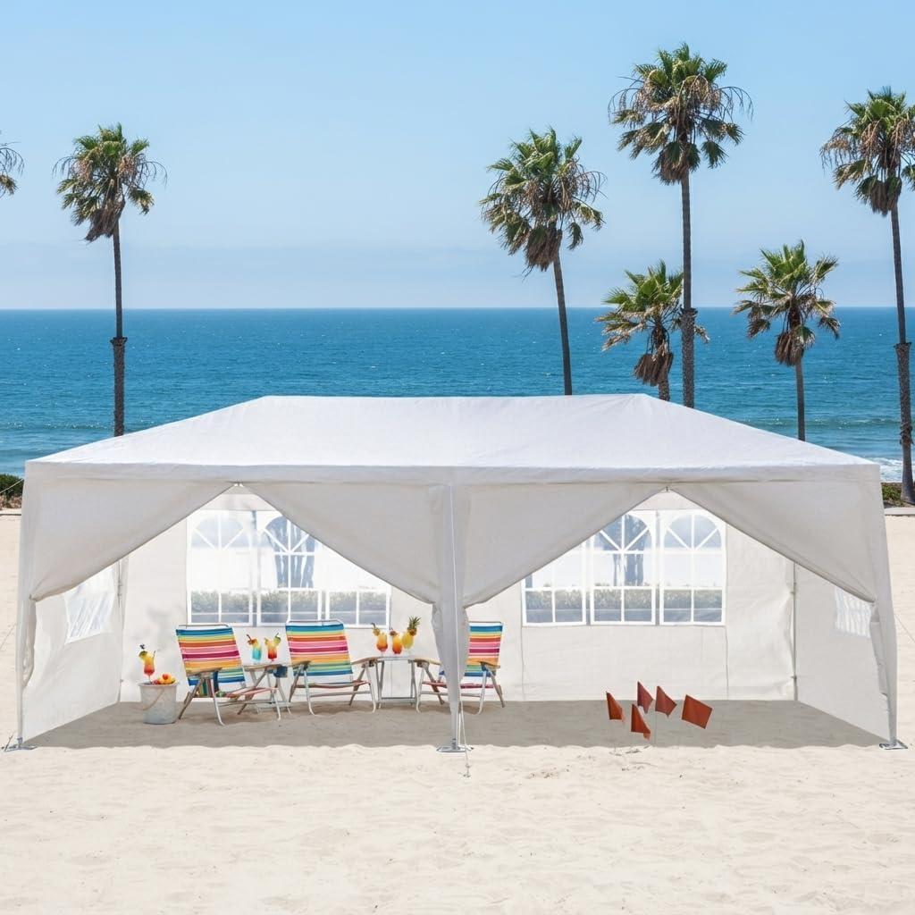 20x10 Canopy Tent, Waterproof Party Tent for Outdoor Events, White 20x10 ft outdoor canopy tent with waterproof PE top, stable spiral tube frame, easy setup for parties and backyard events