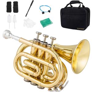 YAYUZEST Pocket Trumpet B Flat Brass Bb Pocket Trumpet with Mouthpiece 7C, Cleaning Cloth, Hard Case, Gloves (Gold)