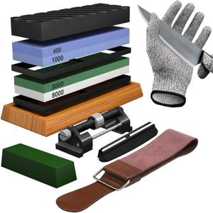 YeopAsda Knife Sharpening Stone Set - Premium 4 Side Grit 400/1000 3000/8000 Whetstone Sharpener Kit - Non-Slip Bamboo Base,Cut Resistant Gloves, Angle Guide,Flatting Stone,Honing Guide,Leather Strop (Standard, Green/White)