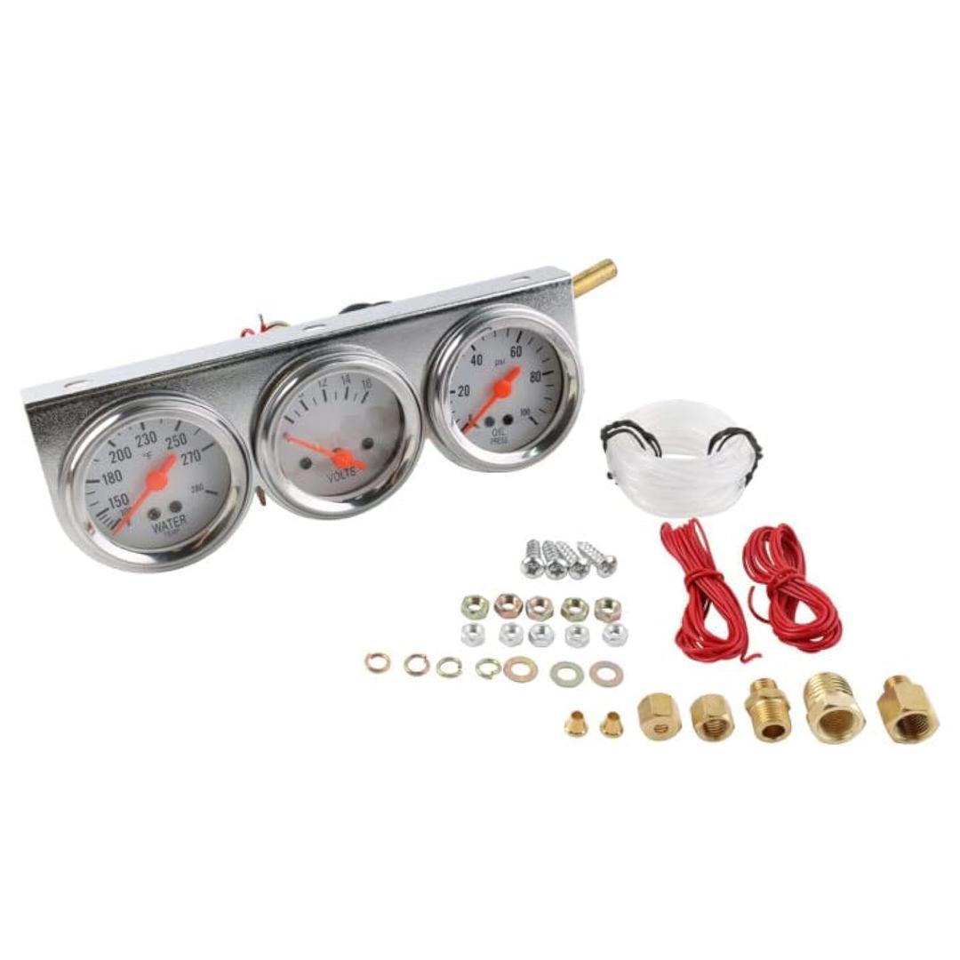 Triple Gauge Kit Oil/Volt/Water Gauge,2"/52mm Chrome Panel 3in1 Car Meter Oil Pressure Fahrenheit Water Temp Ammeter Triple Gauge Kit