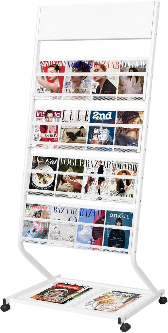 4-Tier Floor Standing Magazine Rack with Wheels, Brochure & Literature Display Stand, 23.4-Inch Width, White