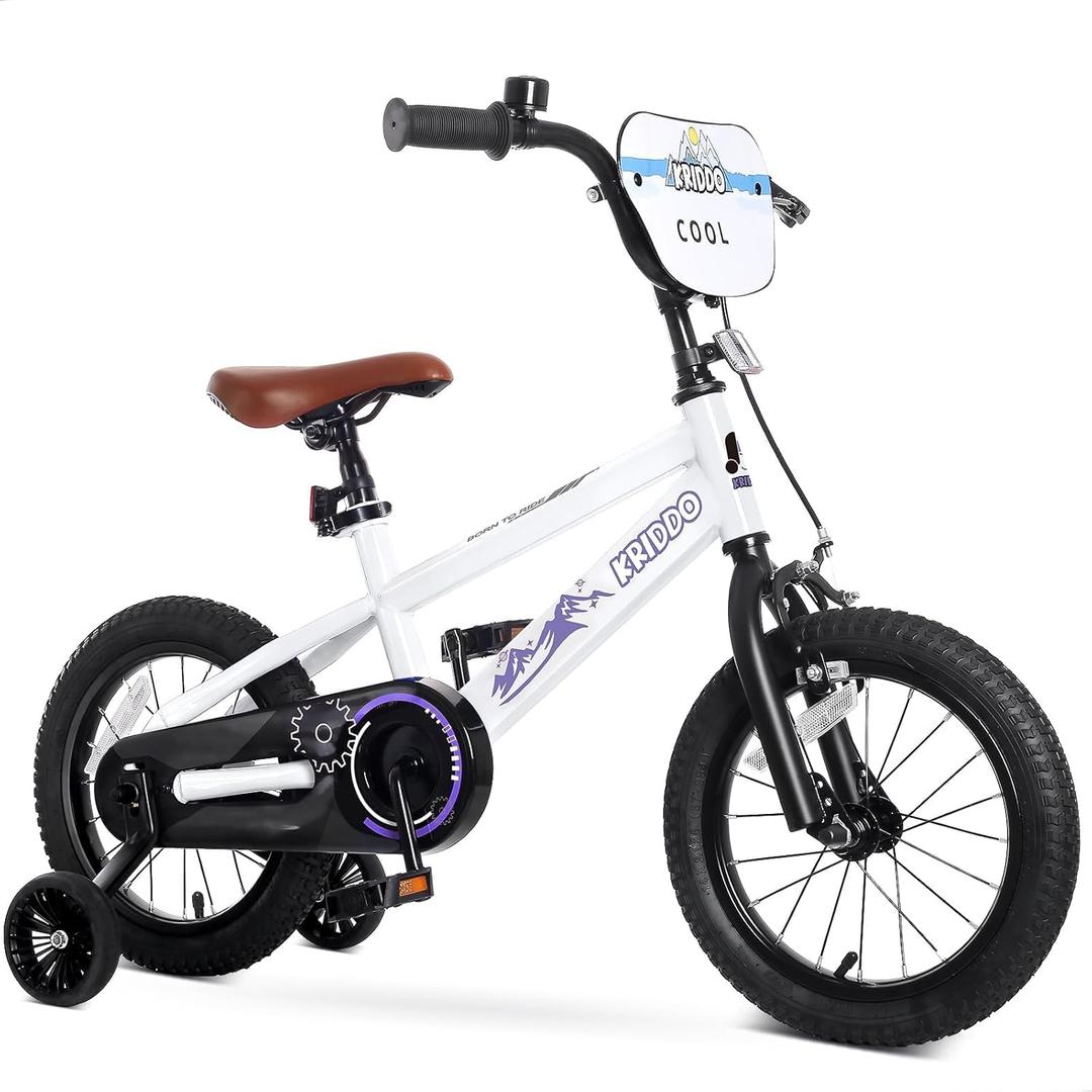 KRIDDO 14-16 Inch Kids Bike for Ages 3–8, Boys and Girls Bicycle with Removable Training Wheels, Bicycle for Kids with Hand Brake & Coaster Brake, Adjustable Height, DIY Name Plate, 14 Inch White