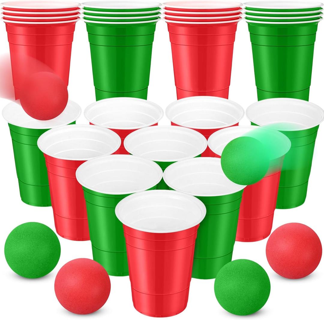 32 Pcs Christmas Party Game Set Include 16oz Red Green Plastic Cups with 8 Balls, Beer Cups for Xmas Holiday House Party Favor Birthday BBQ Outdoor Toss Game Supplies