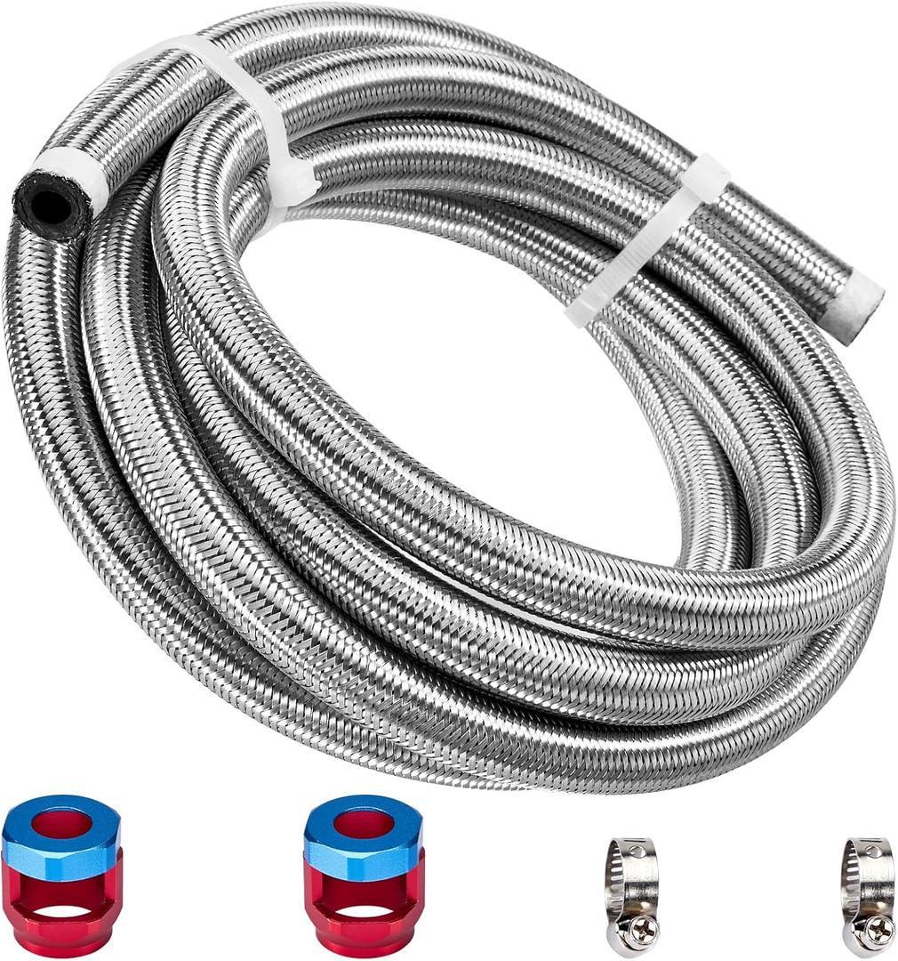 CarBole 10FT Stainless Steel Braided Fuel Line, 5/16" I.D. Diesel Hose Swap EFI PTFE with Fittings for Automotive Fuels Lubricants Coolants