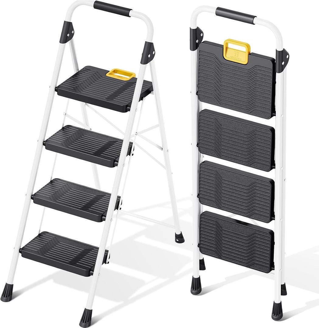 KINGRACK 4 Step Folding Ladder, 800lbs Capacity Step Stool with Safety Lock, Non-Skid Wide Pedals, and Handrail, Lightweight, Household Ladder for Home, Kitchen, Pantry, Closets, and Office Use, White