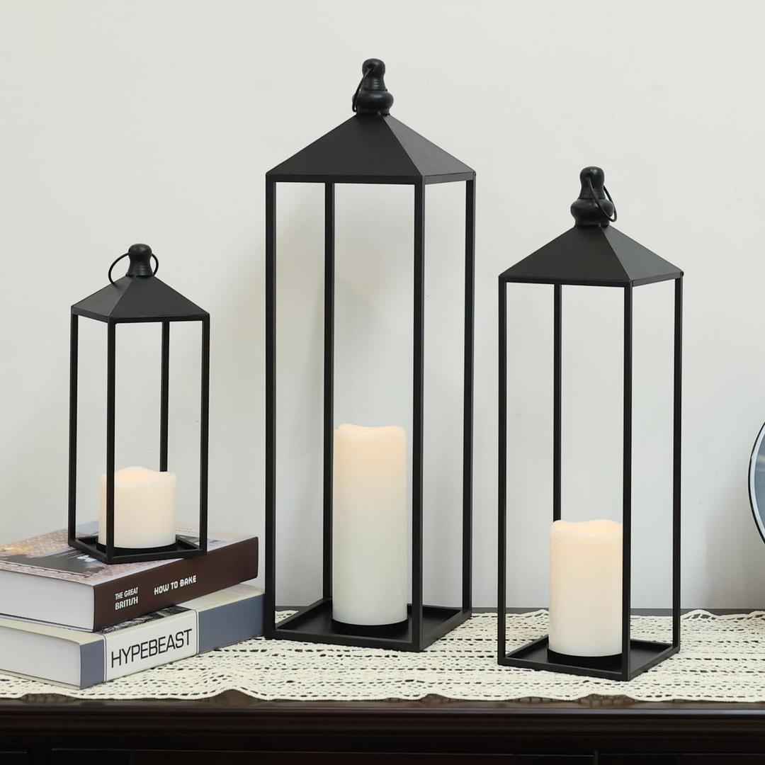 LED Lanterns Decorative Indoor&Outdoor, 23’’ 19’’ 13’’ Large Black Candle Lanterns Set with 3 Flameless Candles, Metal Holders for Porch, Patio, Garden, Home, Fireplace, Decorations Decor