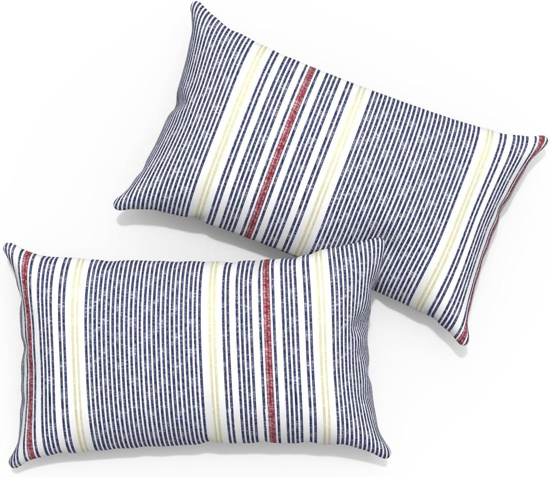 Outdoor Lumbar Pillows 12x20 inch, Rectangle Throw Pillows with Inserts, Decorative Lumbar Cushions for Patio Furniture Garden Couch Home Sofa Office Chair, Pack of 2, Stripe Denim Blue