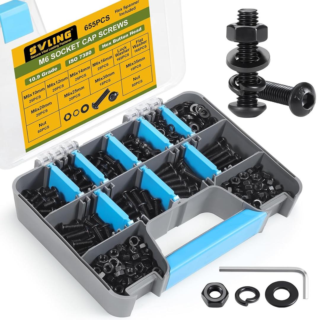 655PCS M6 Bolt Assortment Kit, M6 x 10/12/14/16/20/25/30/35mm Button Head Hex Socket Cap Screws Nuts Bolts Washer Assortment Kit 10.9 Grade Alloy Steel Black Oxide