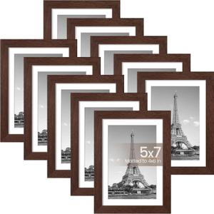 upsimples 5x7 Picture Frame Set of 10, Display Pictures 4x6 with Mat or 5x7 Without, Multi Photo Frames Collage for Wall or Tabletop Display, Brown