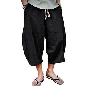 EKLENTSON Mens Cotton Linen Capri Pants Light Loose 3/4 Long Shorts Elastic Waist Drawstring Harem Casual Beach Yoga Trousers Size 38, Black