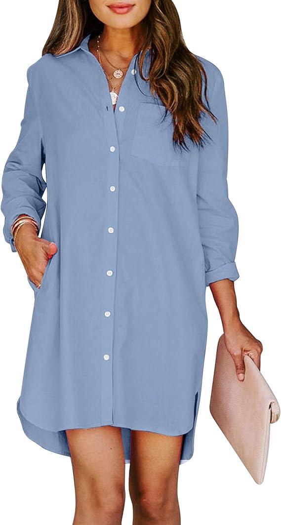 Womens Button Down Shirt Dresses with Pockets Cotton Button Up Tunics Long Sleeve Solid Color High Low Blouse Tops, XL