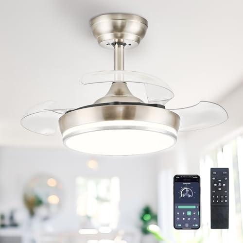 STERREN 30" Retractable Ceiling Fans with Lights, Dimmable LED Ceiling Fan Remote Control, Modern Small Fan Light for Bedroom Living Room Dinning Room Kitchen, 3000K-6500K, 6 Speed (Brushed Nickel)