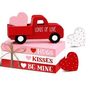 7 Pcs Valentine's Day Table Decorations Valentines Tiered Tray Decor Faux Book Bundle with Twine Red Truck Table Centerpiece Farmhouse Heart Wooden Sign for Home Indoor Party Bookshelf Gift
