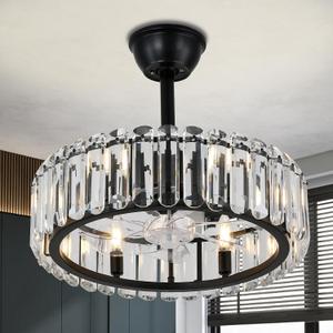 FRIXCHUR Crystal Caged Ceiling Fan with Lights and Remote 20.7 Inch Black Fandelier Semi Flush Mount 6 Speed Reversible Chandelier for Dining Bedroom Living Room Kitchen E12 x 6 Bulbs Not Included